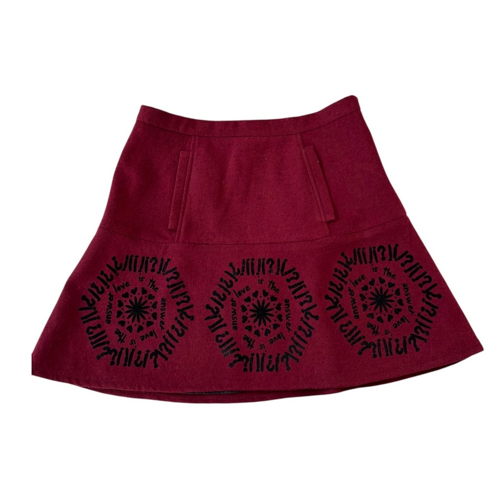 Desigual Burgundy Wool Blend Skirt Size EUR 38 Black Graphic Love/ Peace
